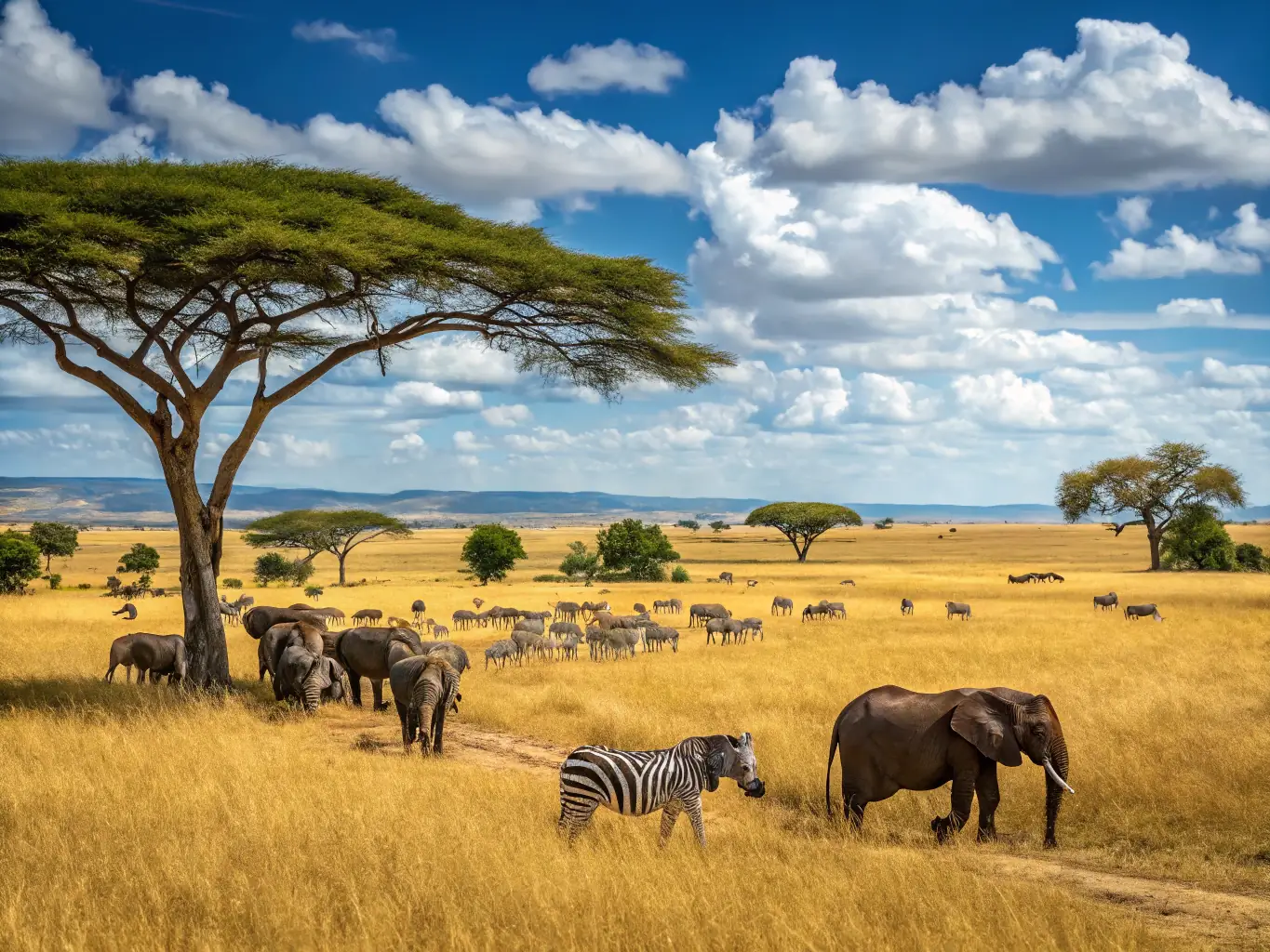 A vibrant image of Serengeti National Park in Tanzania, showcasing a safari adventure with diverse wildlife and vast landscapes.
