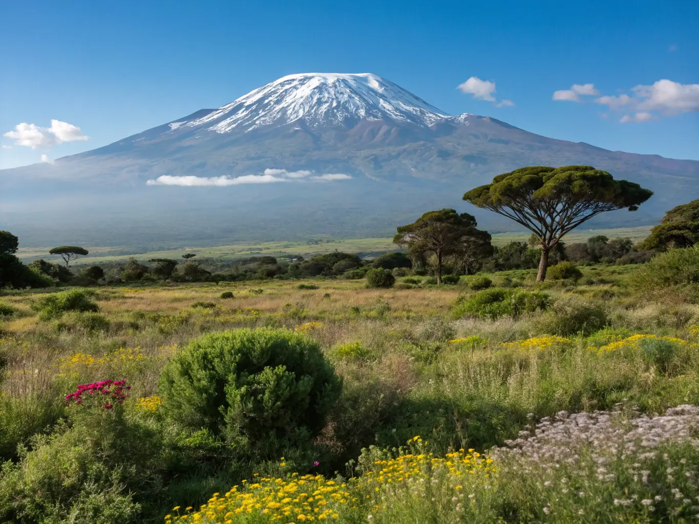 A stunning image of Mount Kilimanjaro, showcasing its snow-capped peak and surrounding landscapes.