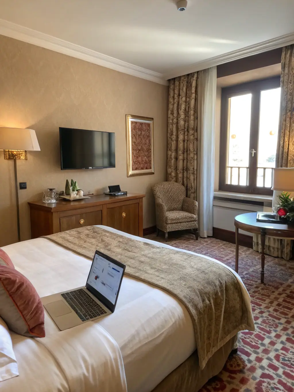 A cozy hotel room with a view, featuring a comfortable bed, a desk, and a window overlooking a scenic landscape. The room is well-lit and inviting.