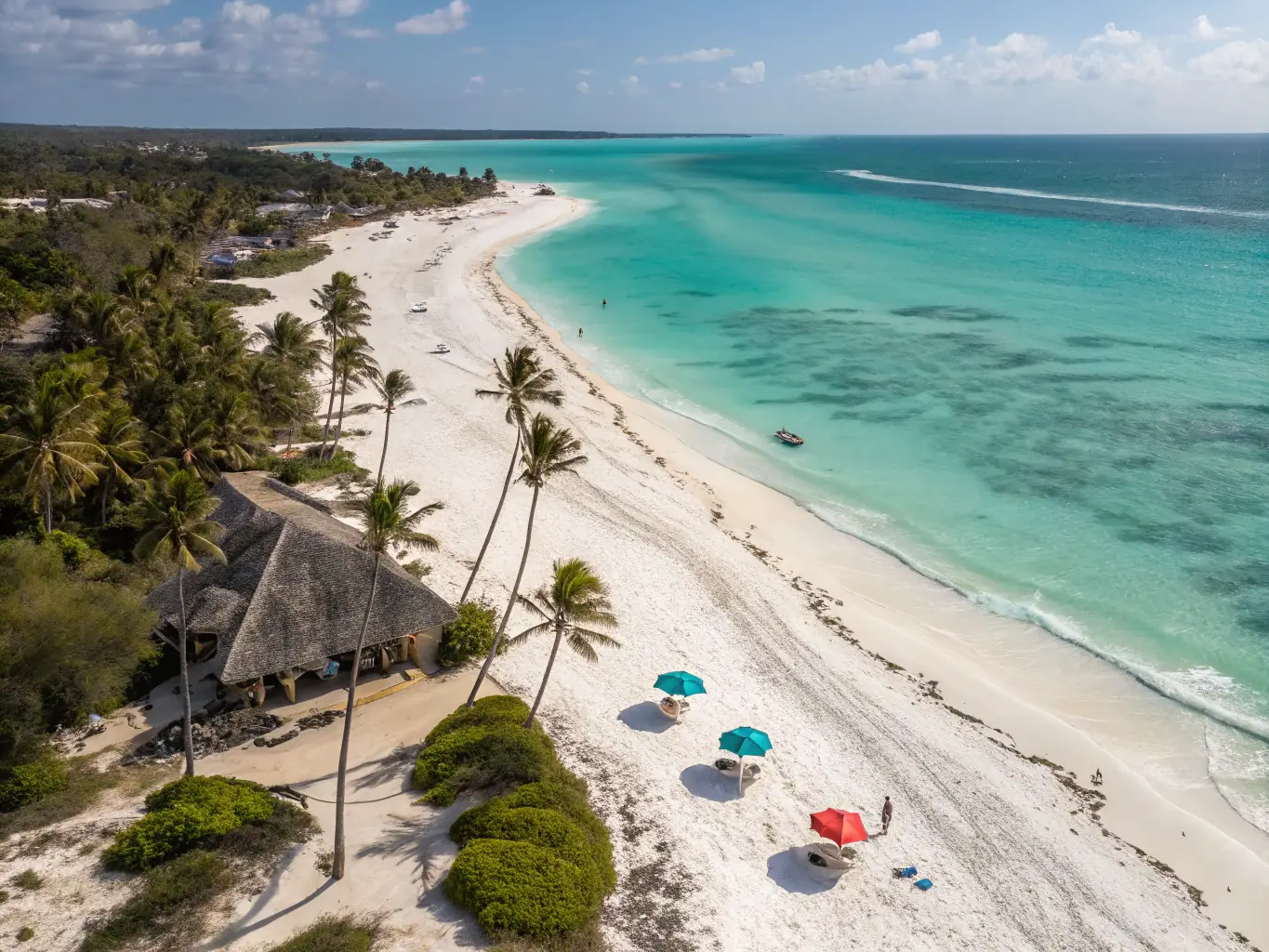 A picturesque image of Zanzibar's beaches, featuring crystal-clear waters, white sand, and palm trees.